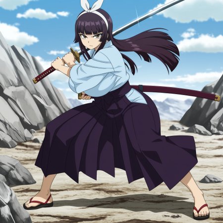 masterpiece, best quality, amazing quality, masterpiece, best quality, amazing quality, masterpiece, best quality, amazing quality, masterpiece, best quality, amazing quality, very aesthetic, high resolution, ultra-detailed, Kagura,dark Brown purple hair Bangs, Hime_cut, long hair,hair_band, bow, blunt_bangs, sidelocks,Brown eyes, black eyeliner, (huge_breasts:1.2, curvy_hips), shinny body, shinny skin, anime screencap, anime coloring,weapon, sword,1girl, solo, japanese_clothes, fighting_stance, katana, sandals, skirt, outdoors, holding, sheath, looking_at_viewer, holding_weapon, day, sash, holding_sword, kimono, sky, serious, rock, white_hairband, hakama, cloud, hakama_skirt, full_body,bow, japanese_clothes,detached_sleeves, japanese_clothes, kimono,  blue_kimono, sash,, <lora:9bef0722-1293-4f4d-836c-a5c5bc6236b1:0.7>