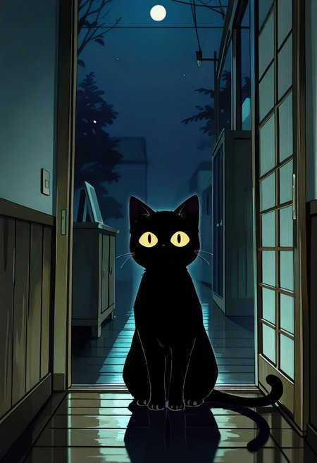 (masterpiece, best quality, high quality, highres), very awa, highres, absurdres,
chii-kun \(seedyoulater\), naguru \(cyoroama\), 
re4lity_sync_illu,
(black cat:1.2), (no humans:1.1), paws, fur, (cute:1.2), comfy, solo, 
staring, OO, looking at viewer, creepy,
night, dim light, indoors,