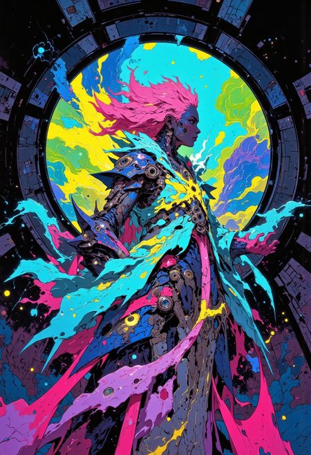 A striking figure with a vibrant, spiky hairstyle gazes through a spacecraft window, bathed in cosmic hues. Clad in a sleek, illuminated suit and a flowing, ethereal robe, they clutch a pulsating weapon. The backdrop features a mesmerizing, colorful nebula, merging anime and cyberpunk aesthetics under starry, radiant lighting.