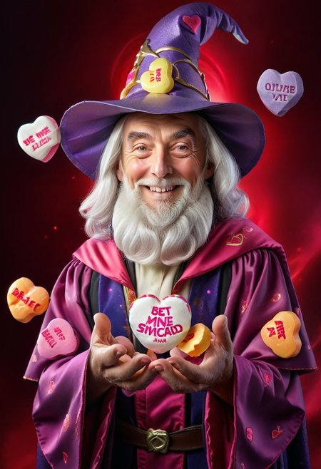digital artwork, HDR, 8K, high contrast, masterpiece, best quality, amazing quality, very aesthetic, superabsurd res, high resolution, beautiful detailed eyes, detailed figure, volumetric lighting, dappled light, light particles, dramatic shadows, cinematic lighting, depth of field,ultra-detailed, absurdres, newest, impressive artwork, A wizard wearing pastel robes, holding black hole, holding swirling vortex of candy hearts, black hole made from candy hearts, magic, old man, old wizard, bearded wizard, merlin, smiling, eccentric candy maker, "Be Mine" text