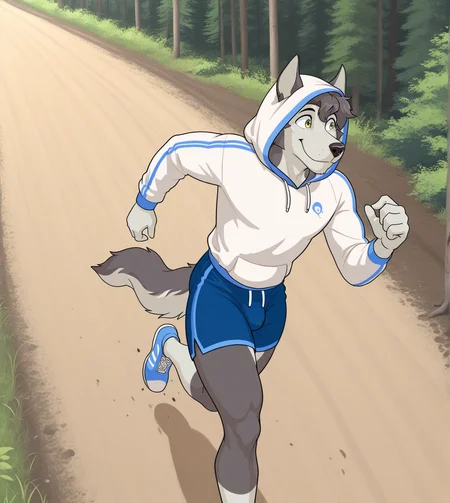 (solo), anthro, male, yellow eyes, blue shorts, white hood, bulge, jogging,  dynamic pose, forest, three quarter view, from above, smile, dirt road, 
BREAK masterpiece, best quality, amazing quality, very aesthetic, high resolution, ultra-detailed, absurd res, newest,  <lora:Rask:1> rask
