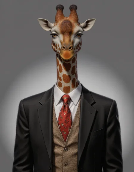 <lora:humANIMALity:1>, This is a highly realistic digital illustration of a giraffe head superimposed onto the body of a man wearing a formal suit. The giraffe head, with its characteristic long neck, large eyes, and distinctive coat pattern of brown and white patches, is placed at the top of the image. The man's head is not visible, but his body is dressed in a dark gray suit with a white dress shirt underneath. The suit jacket is fitted, and the shirt has a classic collar. Over the shirt, the man wears a textured, light brown vest with a subtle pattern. Completing the outfit is a vibrant red tie adorned with small, colorful floral patterns, adding a pop of color to the otherwise formal attire. The background is a smooth, gradient gray, with a subtle texture that contrasts with the smoothness of the giraffe's coat. The lighting is soft and even, casting a gentle glow on the man's suit and highlighting the texture of the giraffe's fur. The overall style of the illustration is photorealistic, with meticulous attention to detail in both the human and animal elements.