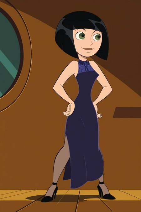 score_9, score_8_up, score_7_up, score_6_up, score_5_up, score_4_up, BREAK, <lora:Kim_Possible:1>, 1girl, Kim, black hair, bob cut, green eyes, purple dress, black high heels, short hair, standing, hands on hips, smiling, closed mouth