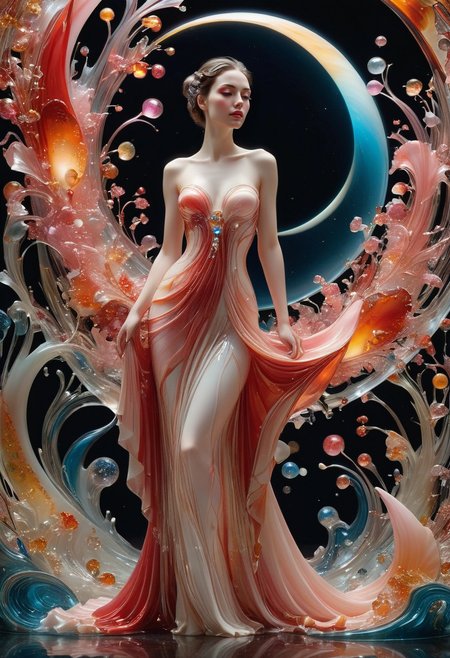  made out of,colorful,liquid,Murano Art glass,
An elegant woman draped in a fragmented gown of pink glass stands beneath twin moons on Kepler-186f, each shard a captured emotion bound by starlight, illuminated by bioluminescent flora, reflecting amber tears, crimson anger, and pale rose longing in a surreal, 