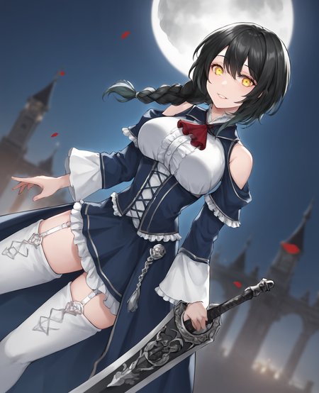 score_9,score_8_up,score_7_up,source_anime,rating_safe BREAK masterpiece,highres,best quality,high quality,dramatic angle,cinematic lighting,1girl,<lora:NightOfRevenge_pony_V1-000020:0.86>,black hair,gradient hair,gradient hair,yellow eyes,two-tone hair,braids,white shirt,underbust,blue dress,clothing cutout,bare shoulders,detached sleeves,frills,garter strap,white thighhighs,thigh boots,holding sword,looking at viewer,dynamic pose,blood moon,depth of field,gothic architecture,cityscape,dark clouds,extremely detailed bckground,greatsword,blood,dead bodies,yandere,glowing eyes,shaded face,blood on face,blood on everywhere,corpses,pile of corpses,evil smile,happy,portrait,close-up,dutch angle,fluiding blood,streaming blood,<lora:add-detail-xl:0.43>,<lora:flat_sdxl:-0.68>,(blood:1.2),