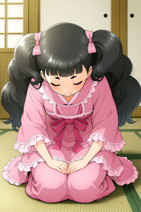 masterpiece, best quality, amazing quality, absurdres, solo, matsukiakino, smile, closed eyes, bowing, sitting, on ground, seiza, black hair, pink dress, indoors, ryokan, tatami, shouji