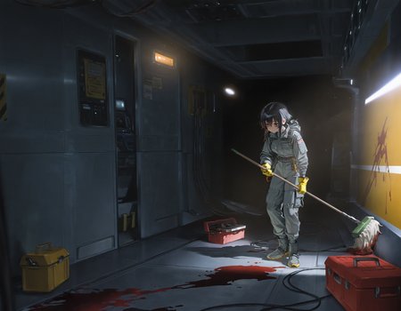 1girl, space station, grey jumpsuit, dim lighting, toolbox, yellow gloves, cable, tired, bags under eyes, janitor, holding mop, blood, blood on ground, blood on wall, space, science fiction,  dark,  masterpiece, best quality, very aesthetic, absurdres