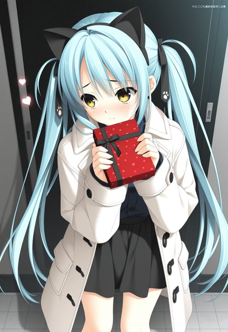 (hashimoto takashi:1.1),(loading \(verjuice\):1.0),(kakesu:0.7),
1girl, black skirt, blue hair, blush, cat ears, fake animal ears, furrowed brow, heart, holding gift, long hair, looking to the side, open clothes, open coat, solo, standing, twintails, white coat, yellow eyes, 
,masterpiece,best quality,amazing quality,