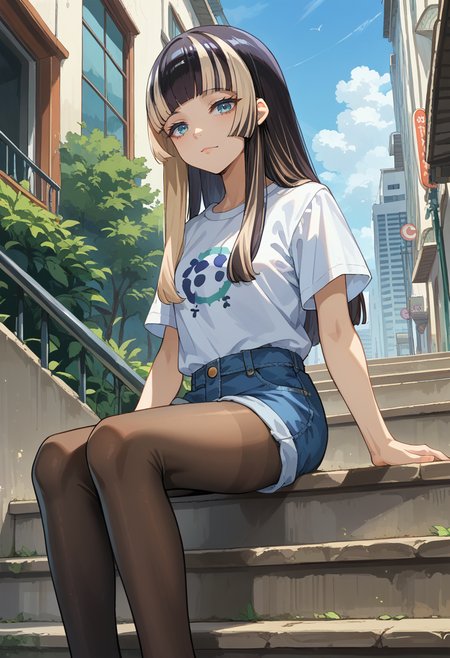score_9, score_8_up, source_anime, 1girl, solo, JuufuuteiRaden, black hair, multicolored hair, long hair, hime cut, t-shirt, denim shorts, pantyhose under shorts, sitting, stairs, outdoors, city, <lora:ChamJuufuuteiRadenPonyXL:1>