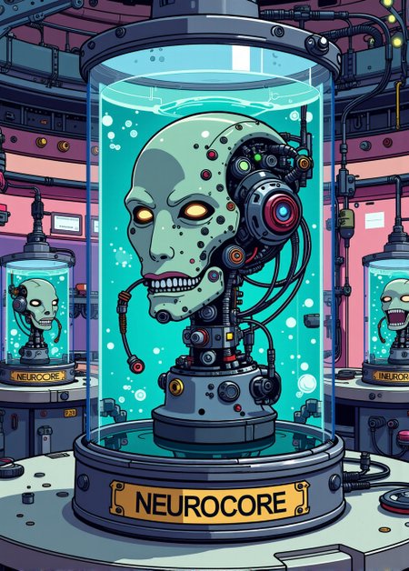 <lora:ck-nc-pastel-cyberpunk:1.1>, A digital artwork in the style of cknc, image of Cyborg as a 'living head in a jar,' inspired by the Futurama series. The head should be in a clear jar filled with a bright blue liquid, with exaggerated tubes and wires connected to it, adding a humorous and whimsical touch. The jar should sit on a metallic stand with a bold, simple nameplate on the front that reads 'NEUROCORE.' The background should be a colorful, futuristic lab with other similar cartoon jars, maintaining a playful and light-hearted tone.
 anime style, key visual, vibrant, studio anime, highly detailed
 <lora:Living_Head_In_A_Jar_Flux:0.8>