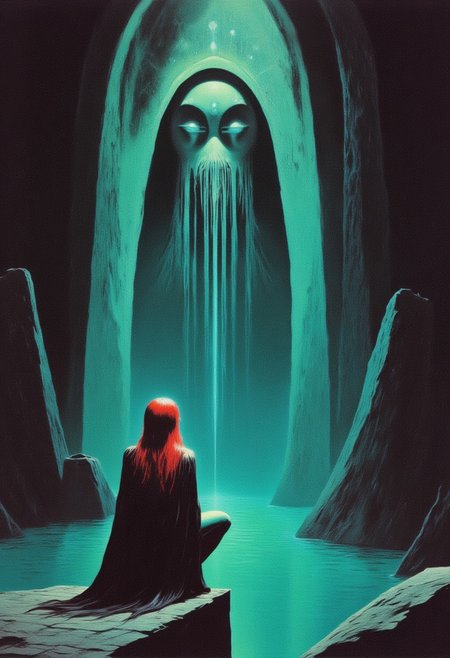 DNdGr41nyB0yz style,  Dark fantasy illustration of a  teal skinned  woman with golden red hair sitting near a waterfall