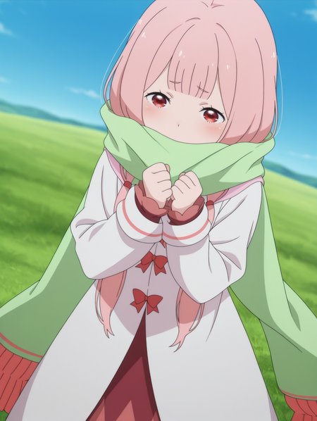 <lora:Carmilla Illu:1>1girl, solo,
carm1lla, pink hair, red eyes, long hair, low twintails, blunt bangs, fringe trim
c4rmdef, long green scarf, white coat, red dress, dress under coat, long sleeves, red bows, 
outdoors, grass, blue sky, depth of field, clenched hands, blush, shy,
straight-on, 
anime screencap, anime coloring,, masterpiece, best quality, amazing quality