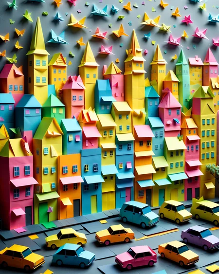(masterpiece:1.2), (best quality:1.2), highly detailed, realistic texture, sharp details, extremely delicate and beautiful, realistic cg 8k wallpaper
<lora:add-detail-xl:2> <lora:StickyNotesStyle:0.7>  <lora:TQ_-_Paper_Quilling_Art_XL_r1:0.6> (cute:1.2), whimsical, Jed-StickyN, 
 a city skyline where every building is made of origami folded sticky notes, bustling street below with paper cars and cats wearing note-textured coats, overcast lighting with soft paper shadows
