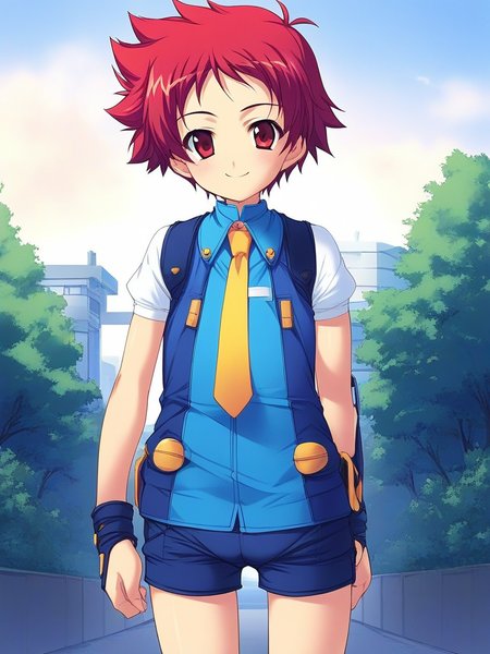 score_9, score_8_up, score_7_up, source_anime, rating_explicit, BREAK  <lora:Tsurumi_Tsubasa_Ver2.0_XL:1> TsurumiTsubasa, 1boy, solo, short hair, red hair, red eyes, 
shorts, Yellow necktie,
outdoor, day, sky,
smile,
looking at viewer, 
cowboy_Shot,