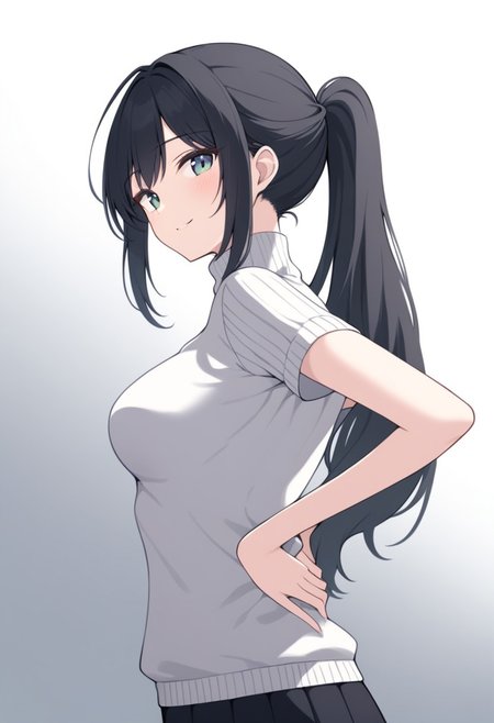 1girl, hands on own back,
from side, looking at viewer, smile, medium breasts, white turtleneck sweater, long hair, ponytail, black hair
BREAK
woman with hands on own back