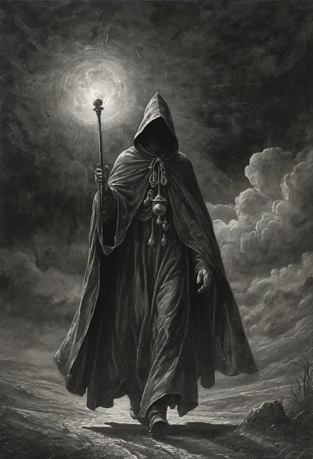 Misty morning, clouds in the sky
Without warning, a wizard walks by
Casting his shadow, weaving his spell
Long grey cloak, tinkling bell
partially covered in shadow, engraving
Mysterious. Dark. Night. Ominous. Highly detailed.