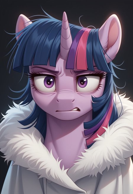 score_9, score_8_up, score_7_up, score_6_up, score_5_up, score_4_up, pony, feral pony, ((anatomically correct)), g4, Twilight Sparkle, coat, fur coat, alicorn, crazy eyes, serious, wide open eyes, bags under eyes, tired eyes, messy mane, look at you, black background, bust, face, portrait, beautiful, detailed, (detailed cute pony face), detailed fur, beautiful, vector, flat colors, (beautiful long eyelashes)