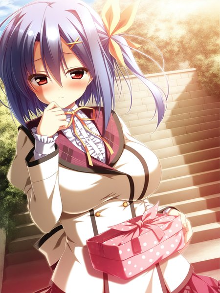 (masterpiece,best quality,ultra_detailed,highres,absurdres:1.2,amazing quality,very aesthetic),<lora:Shiina Anzu ilxl_v1-000012:0.8>,1girl,solo,stairs,holding,blush,ribbon,hair ornament,red eyes,blue hair,hair between eyes,holding,frills,yellow ribbon,upper body,dutch angle,hair ribbon,outdoors,neck ribbon,hairclip,shiina anzu\(12gatsu no Eve\),school uniform,hand up,wrapped bento,