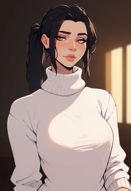 score_9, score_8_up, score_7_up,
1girl, solo, 21yo, English girl, large lips, beautiful eyes, hazel eyes, raven-black hair, pigtails ponytail, medium breasts, slim and athletic girl, pale freckled skin,
((sexy sweater, sexy turtleneck, white sweater)),
(simple blurred background), ((naughty expression, sexy pose, upper body, dynamic angle)),
erotic, elegant, sensual, seductive, bright colors, high contrast, dark background, vivid lighting,
zPDXL,
 <lora:NoctFlatStyleV2:1>