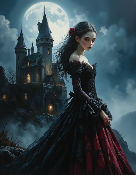a closeup portrait, over-the-shoulder shot, an Oil Painting of a little tween regal gothic vampire stands in front of her grand, ancient castle on a moonlit night. Her flowing black gown, adorned with intricate lace and dark red accents, billows dramatically in the chilling breeze. Her dress is tightly corset, bustled, hooped, and crinoline. Her alabaster skin glows faintly under the pale light of a full moon, and her piercing crimson eyes gaze with an air of mystery and command. Her lips are slightly parted, revealing sharp, gleaming white vampire fangs. Her raven-black hair cascades down in elegant waves, framing her face adorned with dark makeup that accentuates her unearthly beauty.
The castle behind her looms majestically, its towering spires silhouetted against a sky filled with swirling storm clouds. Ivy and mist cling to the ancient stone walls, adding an air of decay and timelessness. The scene is bathed in hues of deep blues, blacks, and silvers, with faint glimmers of crimson adding a touch of eerie elegance.
A swirling fog blankets the ground, partially obscuring the dark, jagged rocks of the surrounding landscape. In the distance, the faint outline of a withered, gnarled tree adds to the haunting atmosphere and ominous night sky.
Her body is skinny and petite. brush strokes, warm light, magic, extremely coherent, cute, beautiful, cinematic, stunning, creative, positive, cheerful, unique, cool, inspiring, pure, rational, very inspirational, friendly, thought, glowing, magical, perfect, intricate, wonderful, lovely, novuschroma, del1cate_balance style, in the style of Rembrandt. FS, vantablack <lora:style_of_Rembrandt_FLUX_135:.8> <lora:- Flux1 - vanta_black_V2.0:.4> <lora:Delicate_Balance:.3> <lora:neeeg_f1:-1> <lora:113_novuschromaFLX_1:.2> <lora:FluxF4ngs:.8>