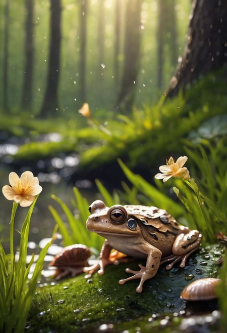 bokeh, close up, epiCPhoto, 8k, breathtaking, extremely detailed, realistic, treebark background, realistic frog, on, many snail shells around, intricate forest scape. detailed tree bark, detailed mud, cloudy weather, morning lake mist, wet grass, sun rays, masterpiece, award-winning, professional, highly detailed, mist,