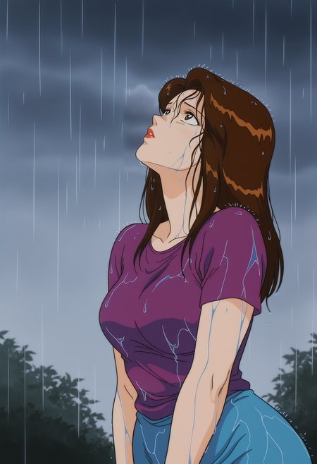 1girl,solo,mm,mature female,long hair,brown hair,brown eyes,lipstick,retro artstyle,anime coloring,
purple shirt,blue skirt,wet,rain,outdoors,looking up,cowboy shot, 
,masterpiece,best quality,amazing quality,<lora:Tomoko-Dokushin_Apaato_Dokudami-sou:0.8>
