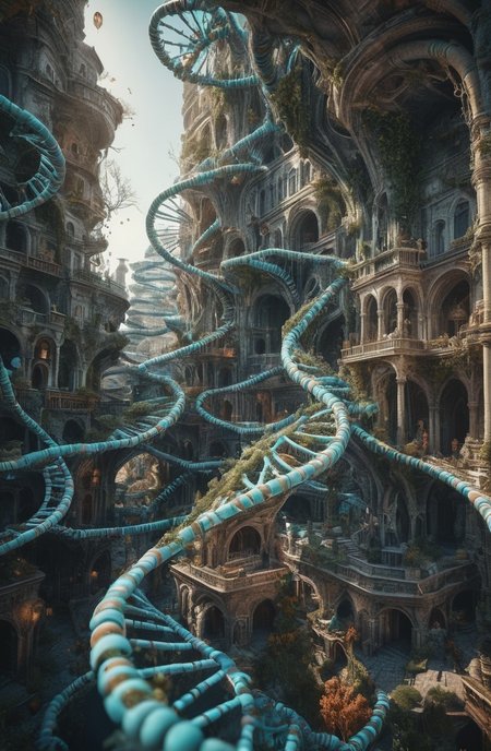 Macro photography of a (fantasy city:1.5) in the form of DNA, High detail RAW color Photo, 8k, natural light  <lora:SDXL_macro_Sa_May:0.7>
