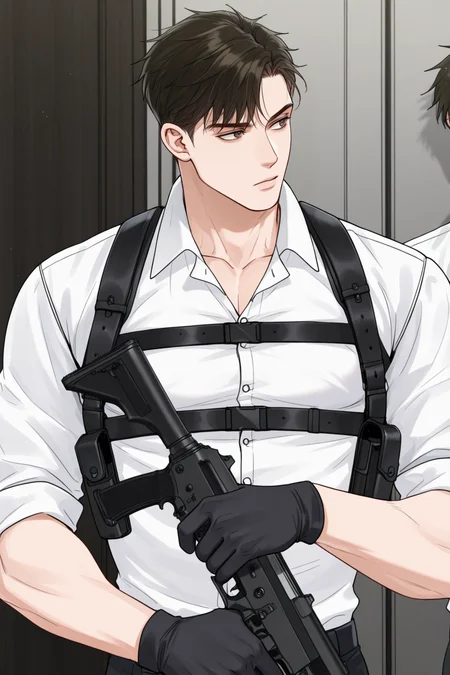 <lora:STS-IL:0.9>,buchonghua,brown hair,brown eyes,short hair,white shirt,chest harness,looking to the side,holding gun,black gloves,1boy,solo, yaoi,bara,male focus,very awa,masterpiece,best quality,amazing quality,nsfw,uncersored,highres,best quality,amazing quality,best aesthetic,absurdres,