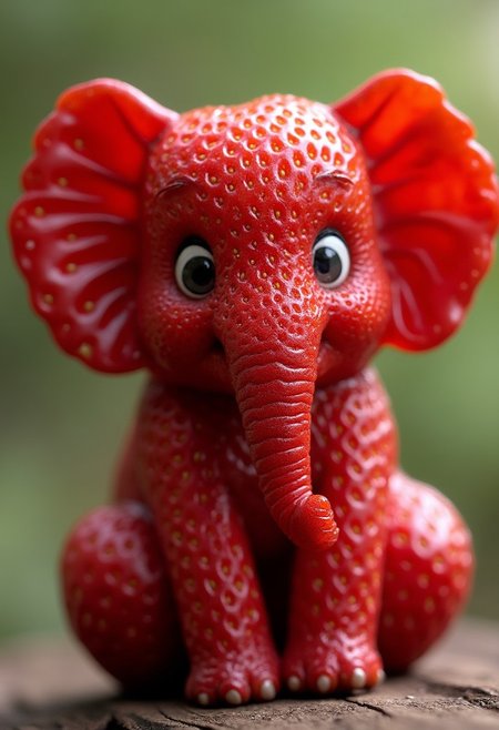 detailed realistic close up of a strawberry shaped like a Elephant, sitting, natural light detailmaximizer