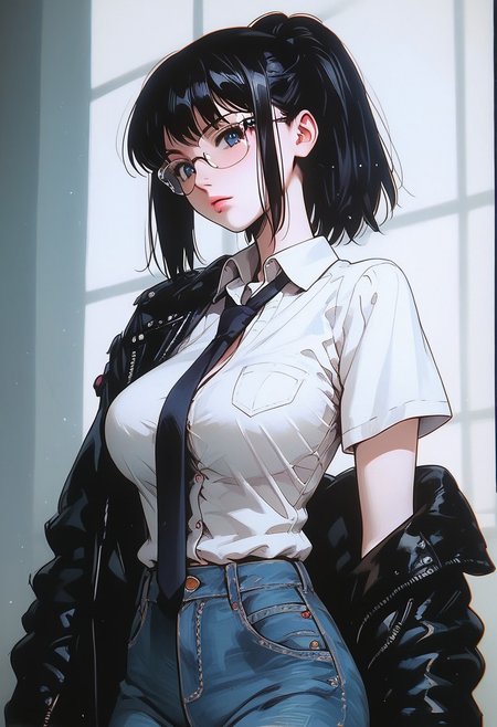 (score_9, score_8_up, score_7_up),  melkor_style,
score_9, score_8_up, score_7_up, score_6_up, score_5_up, score_4_up, source_anime, high detailed, high quality, masterpiece, source_anime, high detailed, high quality, masterpiece, 1 girl, 1 boy, couple, romantic couple, straight, heterosexual, (1 boy, short hair, brown hair, frame glasses, button down shirt, tie, jacket, houdie, open jacket, blue eyes, jeans,) (1 girl, momo yaoyoruzu, long hair, bob, ponytail, grey eyes pink lips, big breasts, school uniform, button down shirt, cleavage, pleated skirt, pantyhose), looking at viewer, low angle, background room, cowboy shot, anime screencap, watercolor \(medium\), traditional media, neon.