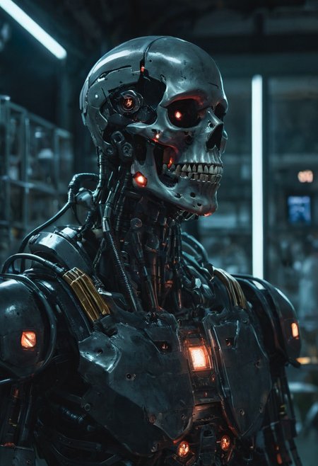 Cyberpunk, sci-fi, dark-fantasy, kodak portrait 400, 8k, soft light, volumetric lighting, highly detailed, britt marling style 3/4, portrait photo of a war man cyborg robot in a chemical laboratory + face, face is skullbone with scares, intricate, elegant, highly detailed, devil-armor, 2D motifs detailed dark fantasy digital painting, artstation, concept art, smooth, sharp focus, illustration, art by Otomo Katsuhiro and ShirA Masamune and Oshii Mamoru. Cosmic light in backfront