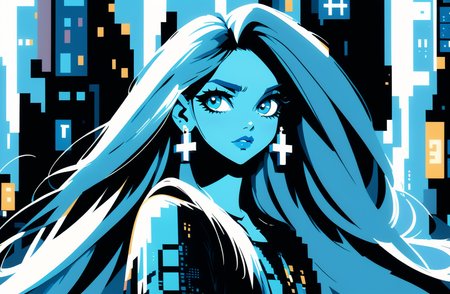 this is a photo of a fashion girl, it is a straight angle with her full body, she has a wonderful blue eyes and long straight hear, wearing a cross earrings, standing in the middle of street, pixel_art style background
BREAK
 <lora:mys-000007:0.8>