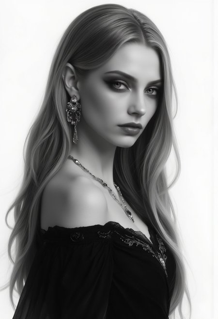 highly detailed, grayscale digital drawing of one elf woman head turned right looking at viewer, sultry expression, long light ginger hair, piercing eyes, seductive, charming woman, charmful looking, captivating, minimalist, slender frame, black wedding dress, detailed, vantablack,