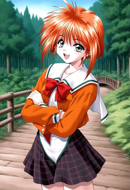 general,highres, ultra-detailed,very aesthetic,best quality ,best hands, BREAK <lora:Kawahara_Ayano_Akumu_AoiKajitsunoSange_IS:1>
Kawahara_Ayano, 1girl, solo, short hair, orange hair, small breasts, gray eyes, bangs, happy,
 orange school uniform, ribbon, white and black skirt, outdoors,  crossed arms, nature, tree, plaid, 
braid, plaid skirt, bow, forest, half updo, long sleeves, day, serafuku, wood bridge,