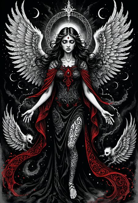Zentangle red and black Ink illustration,I stand amazed by the visionary genius of the artist,the exacting precision of every brush stroke making the canvas come alive with awe inspiring visuals,(illustration of a beautiful angel's final breath as she succumbs to death),angelic robes soaked in blood,the artist mourns the life of a fallen goddess,the death of virtuous saint to hands of evil,the eyes plead with the viewer to release them from their pain,(((intricate background of evil spirits in the shadows))),masterpiece . Intricate, abstract, monochrome, patterns, meditative, highly detailed