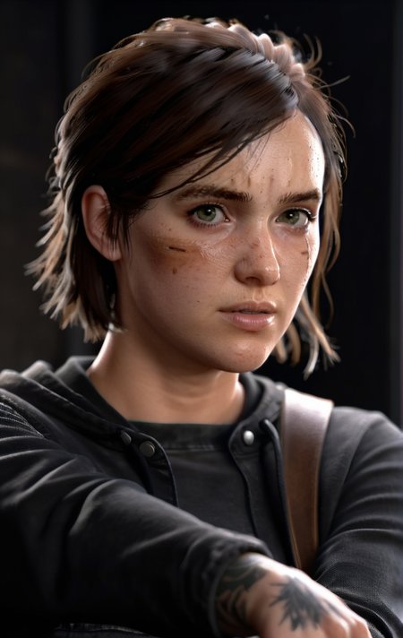 photo of ohxw, ellie, tattoo on left arm, woman, black jeans, close up, , short hair, face details, low key lighting, <lora:2ellie-000003:1>