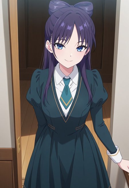 (absurdres, best quality, masterpiece:1.4), amazing quality, highres, newest, detailed, detailed body, detailed face, source anime, anime coloring, beautiful, petite, 
BREAK
WWNemu, 1girl, solo, standing, smile, NemuAniHu, dark purple hair, bow-shaped hair, parted bangs, half updo, blue eyes,  v-neck dress, white inner collared shirt, Short necktie, juliet sleeves, long skirt