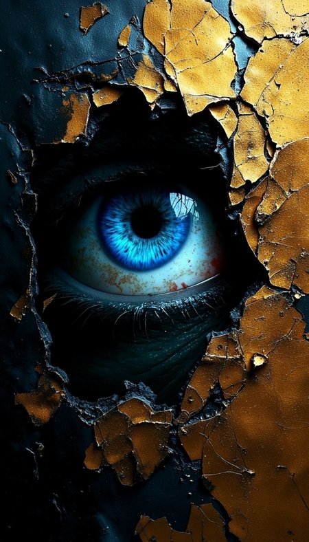 This artwork presents a close-up of an intense, vibrant blue eye surrounded by cracked and decaying textures, set against a dark, shadowy background. The contrast between the luminous eye and the crumbling golden surface evokes themes of resilience, inner strength, and decay, suggesting an ongoing struggle between light and darkness. The deep shadows and fragmented textures create a haunting, mysterious atmosphere, as if the eye is observing from within a state of ruin or from beyond a veil. Through its symbolic use of decay and vibrant color, the piece invites viewers to reflect on themes of fragility, impermanence, and the enduring presence of consciousness even amidst deterioration. The result is a powerful, introspective image that feels both ominous and strangely alive.
