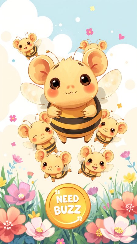 ((Japanese anime-style illustrations))., detailmaximizer,Hybrids of rats and centipedes, 
"Kawaii anime honey bees flying in formation. Chubby leader bee with big eyes, followed by seven baby bees. Each bee hugging shiny gold coin. Coins spell 'NEED BUZZ' in cute bubbly font. Colorful flower meadow background. Soft, pastel color palette. Chibi style, expressive faces. Ghibli-inspired whimsical touches."