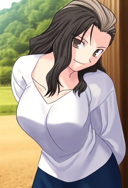 masterpiece, best quality, <lora:Tsukihime NXL:1>,solo,masterpiece, best quality, 
1girl, female focus, large breasts,  solo, brown eyes, thin brown highlights in hair, black hair, thin blonde highlights in hair, long hair,wavy hair, hair part, side part, hair slicked back, small mouth, short nose, small nose, cute face, soft hair,
outdoor, farm, sunny day, head tilt, hands behind back, leaning forward, quarter view,  innocent smile, cheerful feeling, feminine, girlish, cute