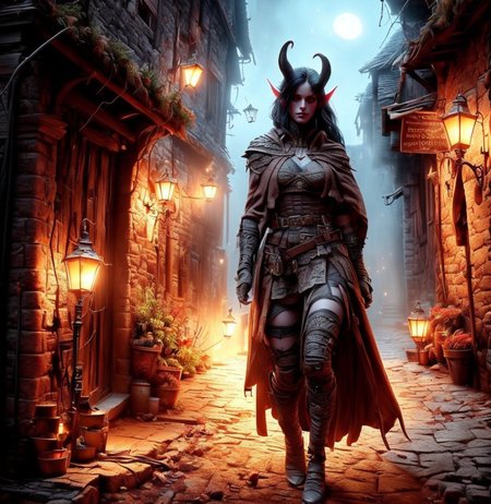 RAW photo, (masterpiece:1.3), subsurface scattering, heavy shadow, (high quality:1.4), (intricate, high detail:1.2), professional photography, HDR, High Dynamic Range, realistic, ultra realistic, photorealistic, high resolution, film photography, ambient lighting, atmospheric effects, <lora:detail_slider_v4:2>, OverallDetail, a female tiefling rogue, intricate leather armor, belt, bracers, cape,  <lora:Tiefling:1>, in a dark! and creepy alley in a dangerous quarter of a medieval town, old houses, (night), moonlight, (fog), no street lamps, <lora:DarkAlley:0.7>,  epiCPhoto