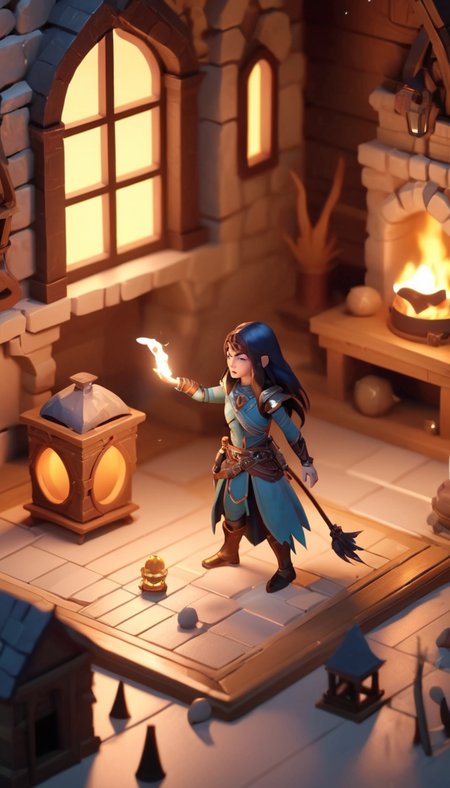 Tiny cute isometric Cinematic scene, hero view, d4s sorceress, action pose, detailed background, masterpiece, best quality, high quality, absurdres <lora:diablo_4_sorceress_xl_v3:1> in a cutaway box, soft smooth lighting, soft colors, 100mm lens, 3d blender render
