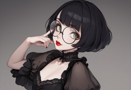 score_9, score_8_up, score_7_up, score_6_up, aeliond , 1girl, Polly, PollyRH, short hair, bobcut, black hair, bangs, green eyes, small breasts, almost flat chest, slim, pale skin, big round eyeglasses, clear eyeglasses lenses, nice round ass, red lipgloss, HD32k, gothic dress,) ((black-white) dress), dark attire, laces, dark creepy background, posing,