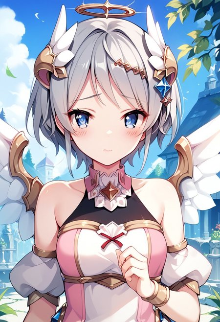 score_9, score_8_up, score_7_up, source_anime,YORI (ANGEL), 1girl, solo, looking at viewer, blush, short hair, blue eyes, hair ornament, bare shoulders, grey hair, wings, wing hair ornament