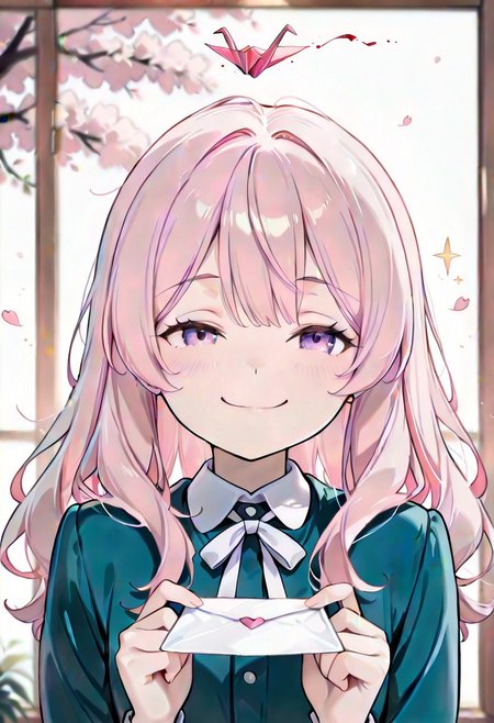 CivChan, purple eyes, pink hair, 1girl, holding letter, blush, slight smile, looking at viewer, [romantic atmosphere], school uniform, white ribbon, long hair, windy hair, cherry blossoms, soft lighting, pastel colors, detailed eyes, warm glow, [love confession|hidden message], paper crane, ink splatter, faint heart sparkles, [highres], [depth of field]