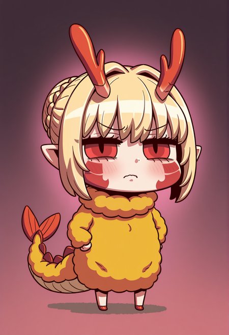 1girl, pointy ears, blonde hair, french braid, single hair bun, red eyes, facial mark, body markings, dragon tail, shrimp tempura, cosplay, costume, chibi, half-closed eyes, annoyed,  <lora:Nero_Draco_Illus:1> riyo \(lyomsnpmp\),, masterpiece, best quality, amazing quality, very aesthetic, absurdres, highres, newest