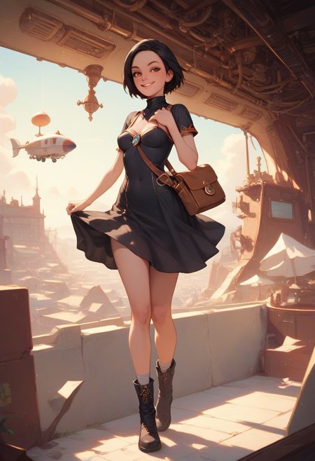 score_9, score_8_up, score_8_up, 1800's era fashion and technology, concept art, illustration. Steampunk, industrial revolution, 
1girl, age in mid20s, crooked smile, parted lips, (black hair), short hair, freckles, hazel eyes, (small breasts;1.3), long full-length black bowsette dress with orange trim, brown messenger bag. Wearing riding boots, she is looking out a porthole window, standing inside a passenger compartment aboard a dirigible airship, high res image, masterpiece, detailed background, perfection style