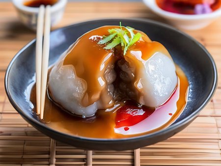 A bowl of bahuana, a traditional Asian dessert, generously topped with thick chili sauce and viscous gravy, revealing a rich filling. The Mochi is soft and chewy, with the sauces adding a vibrant color contrast and enhancing the visual appeal. The bowl is placed on a rustic wooden table, with chopsticks resting on the side. The scene should be as realistic as a high-resolution photograph, with warm and inviting lighting that highlights the appetizing qualities of the dish and the cozy atmosphere of the setting  ,<lora:bahuana:0.75>,bahuana,