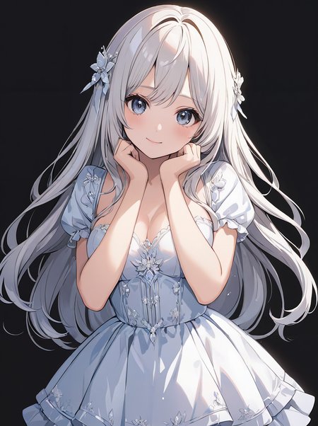 masterpiece,ultra-detailed,best quality,8K,illustration,cute face,clean skin ,shiny hair,girl,middle breasts,ultra-detailed-eyes,simple background, <lora:add-detail-xl:1>  <lora:burikko pose_XL_V1.0:1> burikko pose, hands up,dress