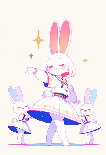 masterpiece, best quality, simple illustration, cute, <lora:add-detail-sl:1>, rabbit girl, white fur, big rabbit ears, dancing, closed eyes, happy,  away, side view, full body, dressed, haiz_ai, no lineart,no outline, vivid colors,